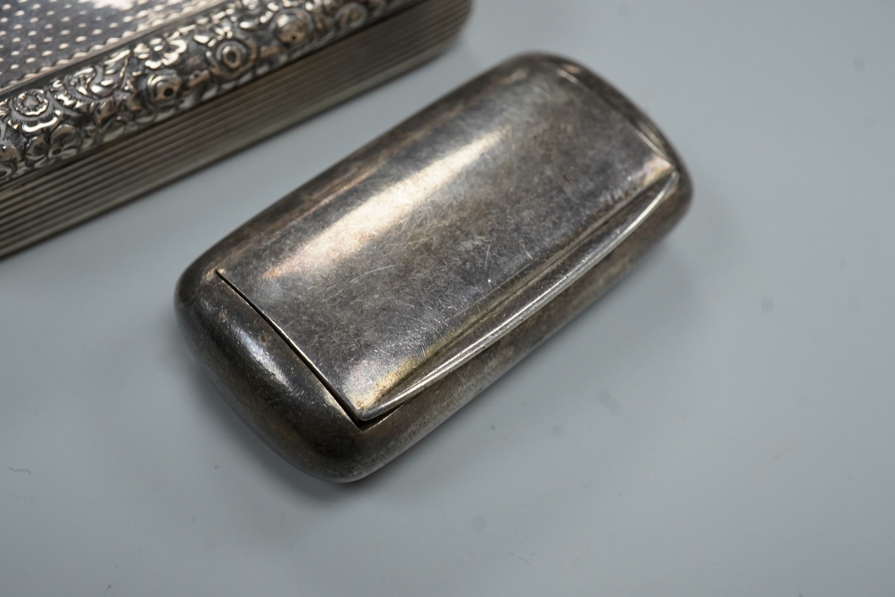A William IV engine turned silver rectangular snuff box, by Joseph Wilmore, Birmingham, 1830, with later engraved inscription dated 1868 relating to a Turkish Baths in Brighton, known as The Hamman, 74mm, together with o
